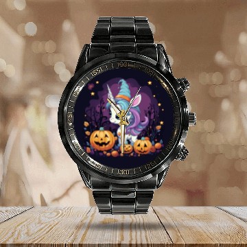 Discover Halloween Unicorn: Midnight Sunset & Witch's Hat Calendar Steel Band Watch