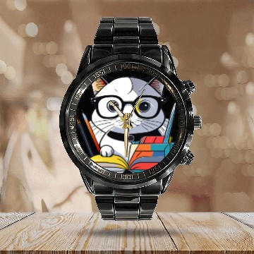 Discover Back to school cat Calendar Steel Band Watch