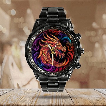 Discover Logo dragon pattern circle pentel color Calendar Steel Band Watch