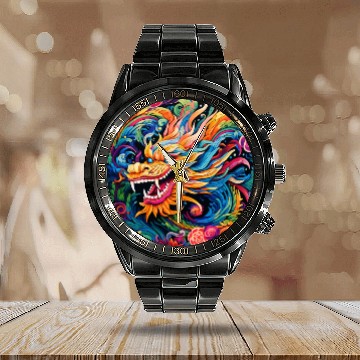 Discover dragon pattern circle pentel color Calendar Steel Band Watch