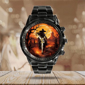 Discover Witchy Cowgirl Riding off into the Full Moon Calendar Steel Band Watch