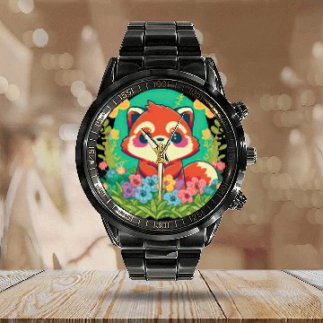 Discover A Rosy Cheeked Red Panda s Colorful Garden Calendar Steel Band Watch