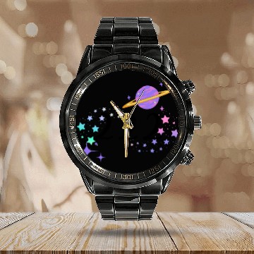 Discover Angel Numbers 222 Purple Saturn with Stars Calendar Steel Band Watch