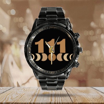 Discover Moon Cycle Brown Angel Numbers 111 Calendar Steel Band Watch