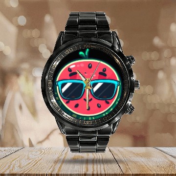 Discover Kawaii Melon with Sunglasses: Summer Fruit Chill Calendar Steel Band Watch