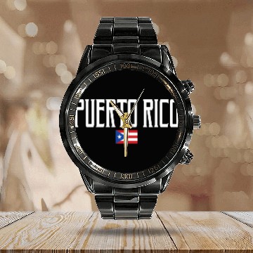Discover Puerto Rico Flag White Text Calendar Steel Band Watch