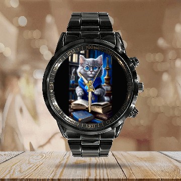 Discover The Raven-claw Kitten Scholar: A Feline Journey. Calendar Steel Band Watch