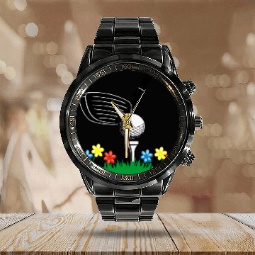 Discover Golf stick and ball on grass field with flowers Calendar Steel Band Watch