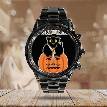Discover Trick or Treat Black lucky cat with sweetest eyes. Calendar Steel Band Watch