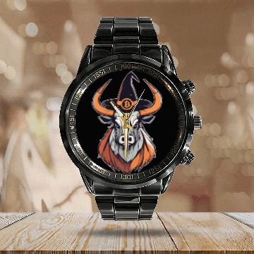 Discover Halloween Bitcoin Wizard Bull Calendar Steel Band Watch