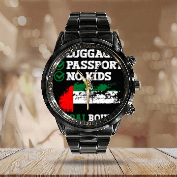 Discover Luggage Passport No Kids Dubai Bound Vacation Calendar Steel Band Watch