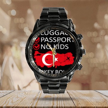 Discover Luggage Passport No Kids Turkey Bound Vacation Calendar Steel Band Watch