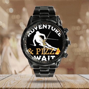 Discover Adventure And Pizza Awaits | Downhill Skiing Lover Calendar Steel Band Watch