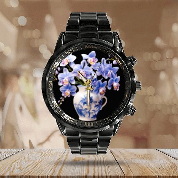 Discover Blue Orchids in a Vase Graphic Calendar Steel Band Watch