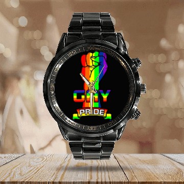 Discover Rainbow gay pride logo with text 'GAY PRIDE' Calendar Steel Band Watch