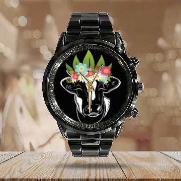 Discover Flowers Cow Cows Farmer Calendar Steel Band Watch