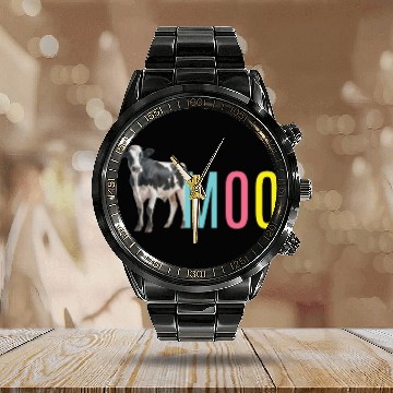 Discover Moo Cow Cows Farmer Calendar Steel Band Watch