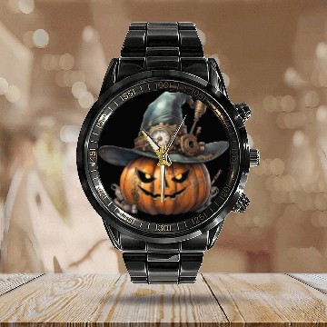 Discover Steampunk Halloween: The pumpkin of the future Calendar Steel Band Watch