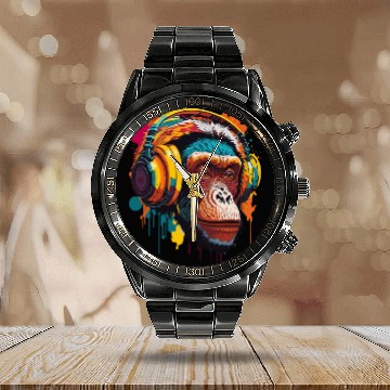 Discover Chimpanzee Wearing Headphone Calendar Steel Band Watch