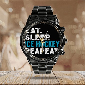 Discover Eat Sleep Hockey Repeat Funny Ice Hockey Calendar Steel Band Watch