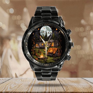 Discover Spooky Camping Adventures Scary Outdoor Halloween Calendar Steel Band Watch