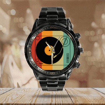Discover Vinyl Record Player Calendar Steel Band Watch