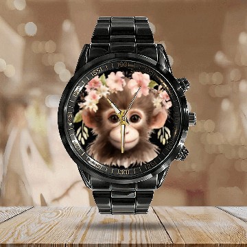 Discover Monkey Chimpanzee Jungle Animal Boho Floral Ape Calendar Steel Band Watch