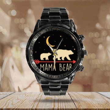 Discover Mama Bear with Cub Moon Stars Mama Bear Calendar Steel Band Watch