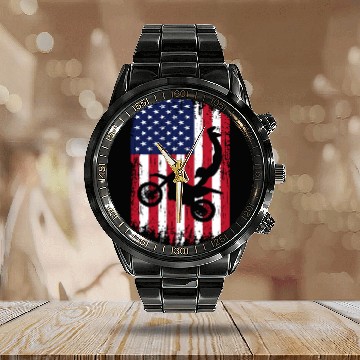 Discover Supercross Freestyle Motocross American Flag Calendar Steel Band Watch