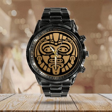Discover Minimalist Ethnic Mask Logo: Aztec & Mayan Calendar Steel Band Watch