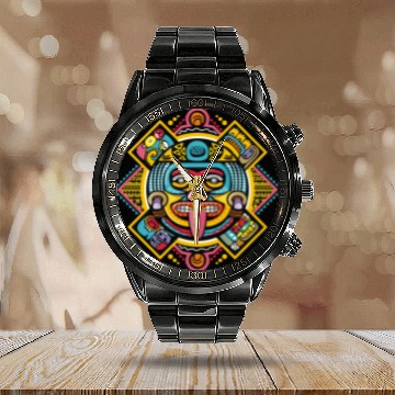 Discover Colorful Aztec Illustration: Ethnic Ornament Calendar Steel Band Watch