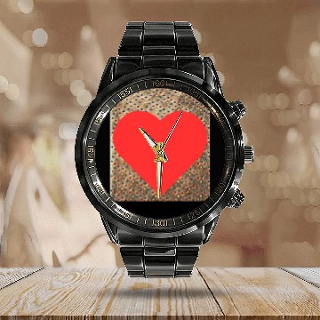 Discover Romantic Red Love Heart on Brown Dotted Background Calendar Steel Band Watch