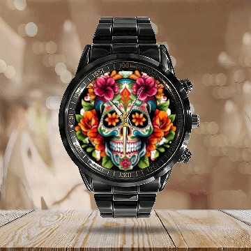 Discover Day of the Dead Iconic Sugar Skull Calendar Steel Band Watch