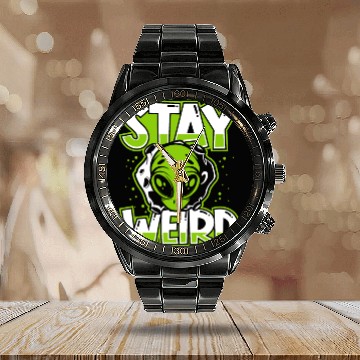 Discover Stay Weird Extraterrestrial Ufo Conspiracy Alien Calendar Steel Band Watch