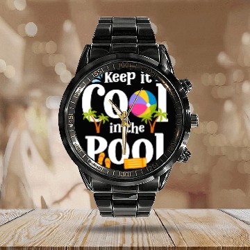 Discover Swimming Pool Water Vacation Sun Calendar Steel Band Watch