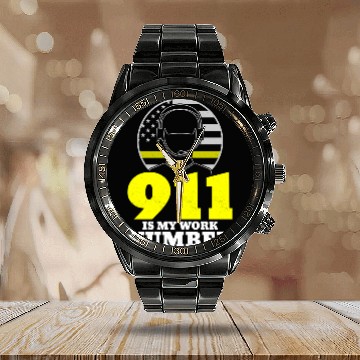 Discover 911 Is My Work Number Dispatcher Emergency Calendar Steel Band Watch