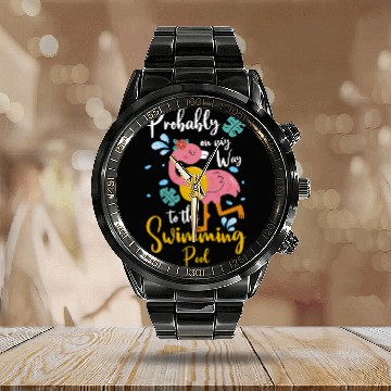 Discover Pool Water Flamingo Calendar Steel Band Watch
