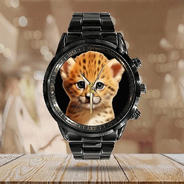 Discover Baby cheetah portrait Calendar Steel Band Watch