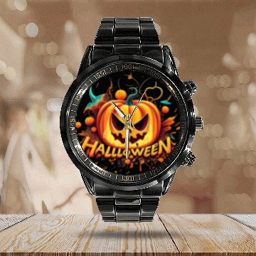 Discover Halloween Autumn Leafs Pumpkin Spooky Design Calendar Steel Band Watch