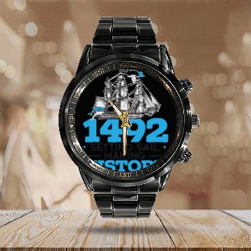 Discover 1492: Setting Sail Making History Columbus Day Calendar Steel Band Watch