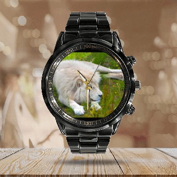 Discover Slumbering Ivory King South African White Lion Calendar Steel Band Watch