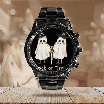 Discover Trick or treat funny Halloween couple Calendar Steel Band Watch