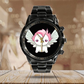 Discover Sweet Axolotl with Angel Wings: Heavenly Design Calendar Steel Band Watch