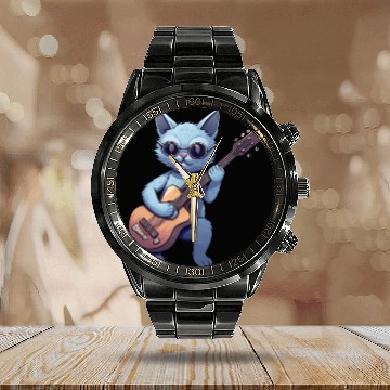 Discover Rock Cat Playing Guitar - Funny Guitar Cat Calendar Steel Band Watch