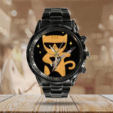 Discover Rock Cat Playing Guitar - Funny Guitar Cat Calendar Steel Band Watch