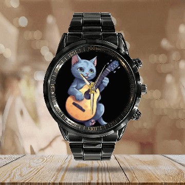 Discover Rock Cat Playing Guitar - Funny Guitar Cat Calendar Steel Band Watch