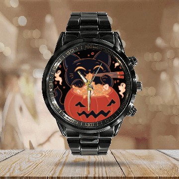 Discover Kawaii Creepy black Cat Eating Ramen Noodles Calendar Steel Band Watch