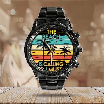 Discover Retro sunset, The Beach is Calling and I must go Calendar Steel Band Watch