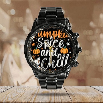 Discover Pumpkin spice and chill halloween gift Calendar Steel Band Watch