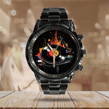 Discover Vinyl Record DJ Turntble Calendar Steel Band Watch